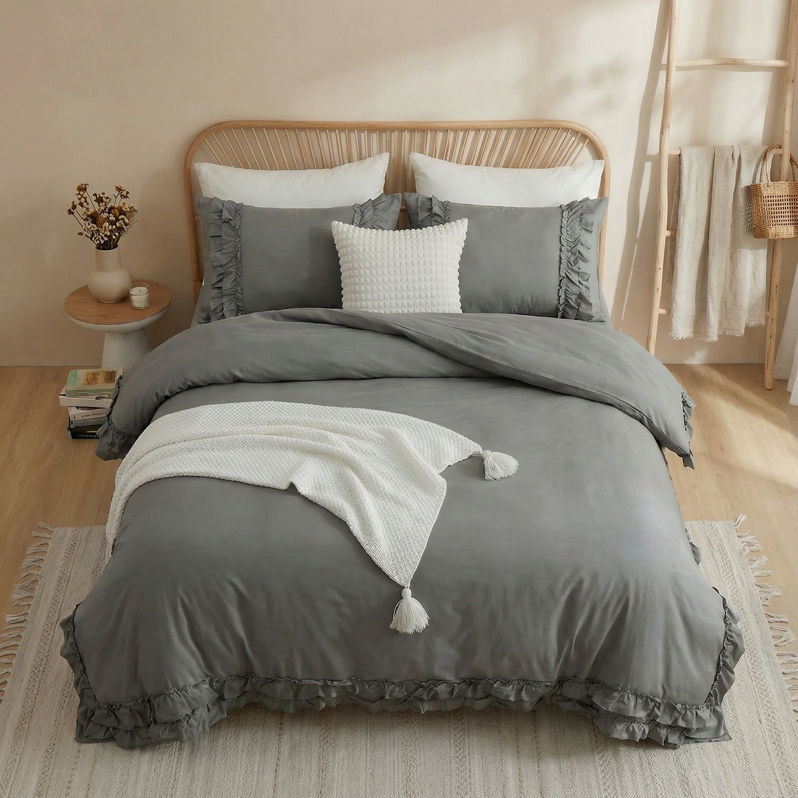 100% Cotton Ruffled Comforter Set Queen, White Shabby Chic Farmhouse Bedding Set French Country Cute Comforter Set