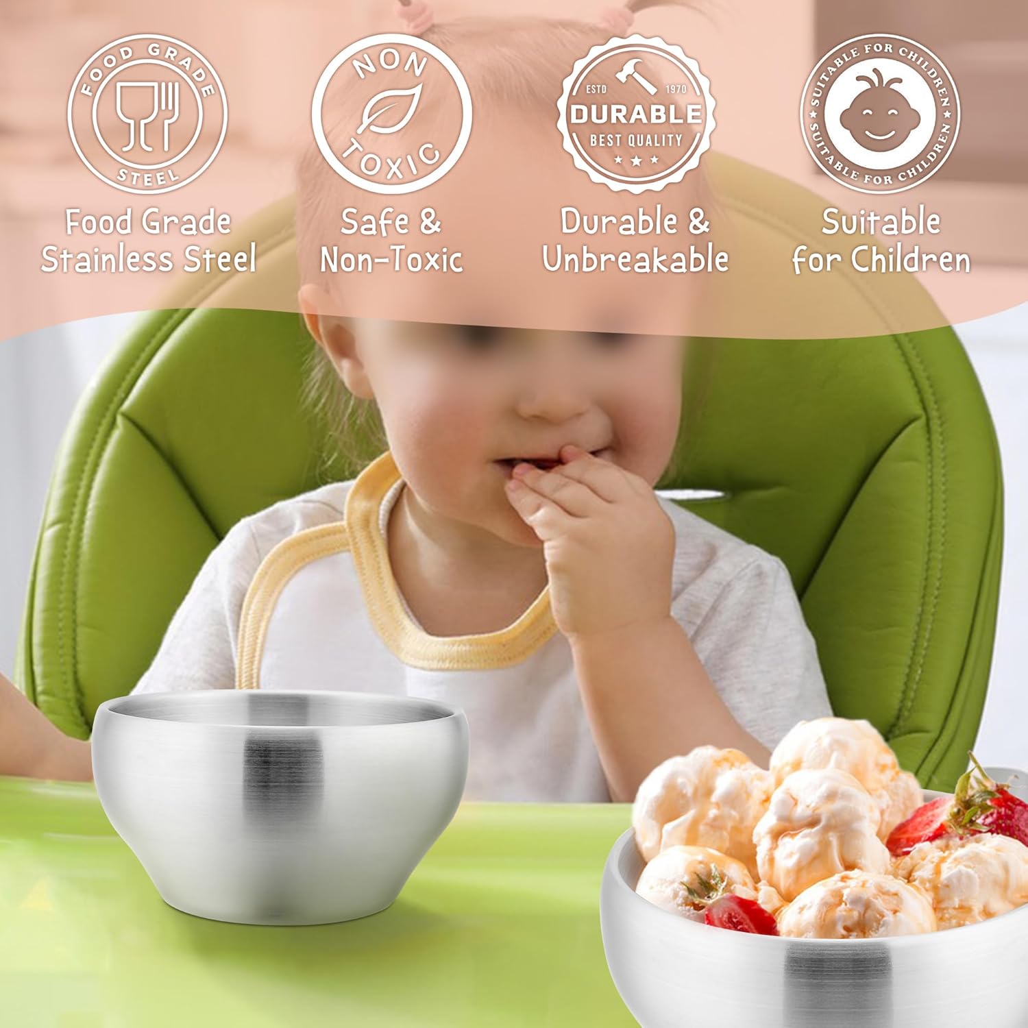 Stainlss Stl Bowls for Kids-2 Pack, 12OZ Doubl Walld Baby Toddlr Bowls for Baby Food/Cral/Snack, 18/10 Non-Toxic Mtal & Unbrakabl, Dishwashr Saf
