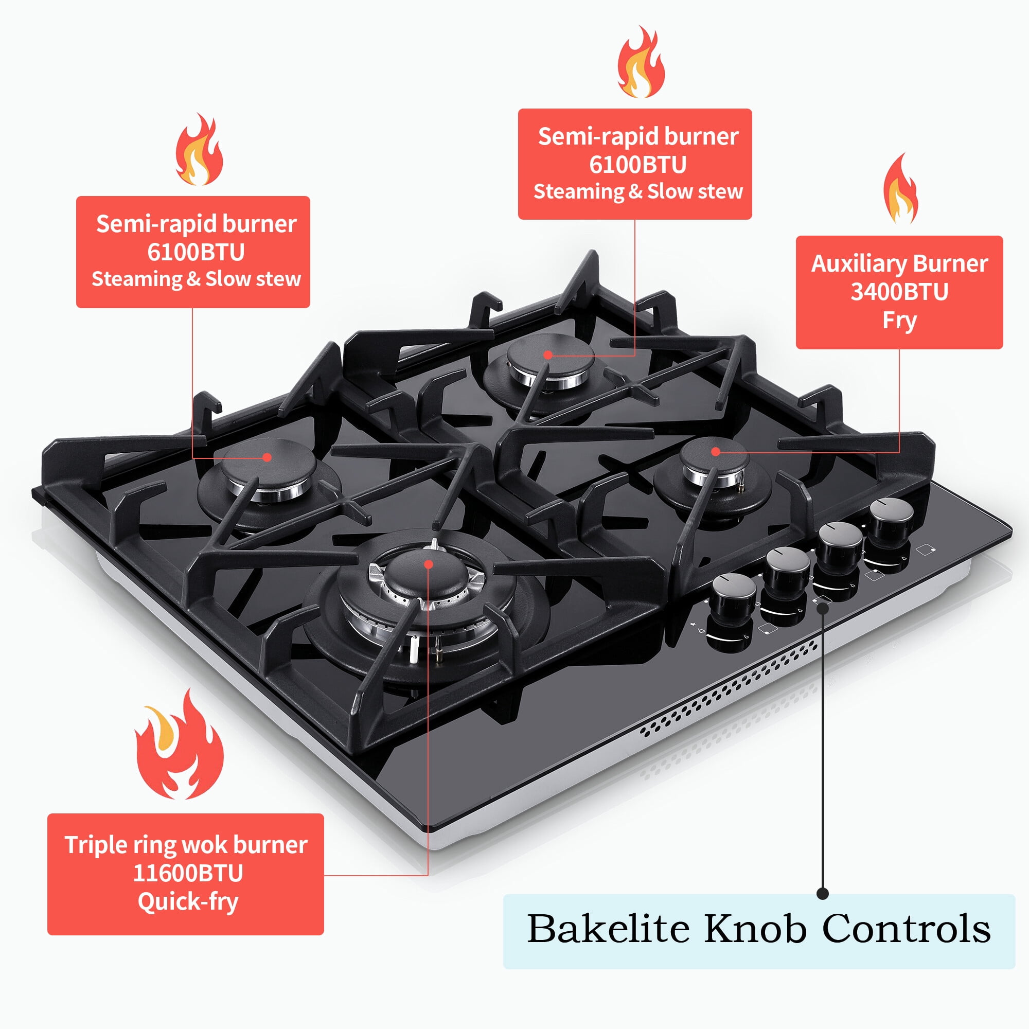 Eascookchef 24 Inch Gas Cooktop with 4 Burners, Tempered Glass, Natural Gas / LPG Convertible