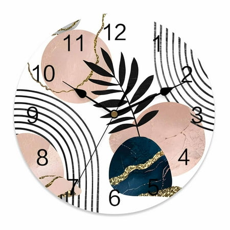 Silent Wall Clocks Battery Operated, Mid Century Boho Round Decorative Wall Clock for Living Room Bedroom Kitchen Bathroom Classroom Decor, 12 Inch Navy Pink Abstract Geo Leaf White