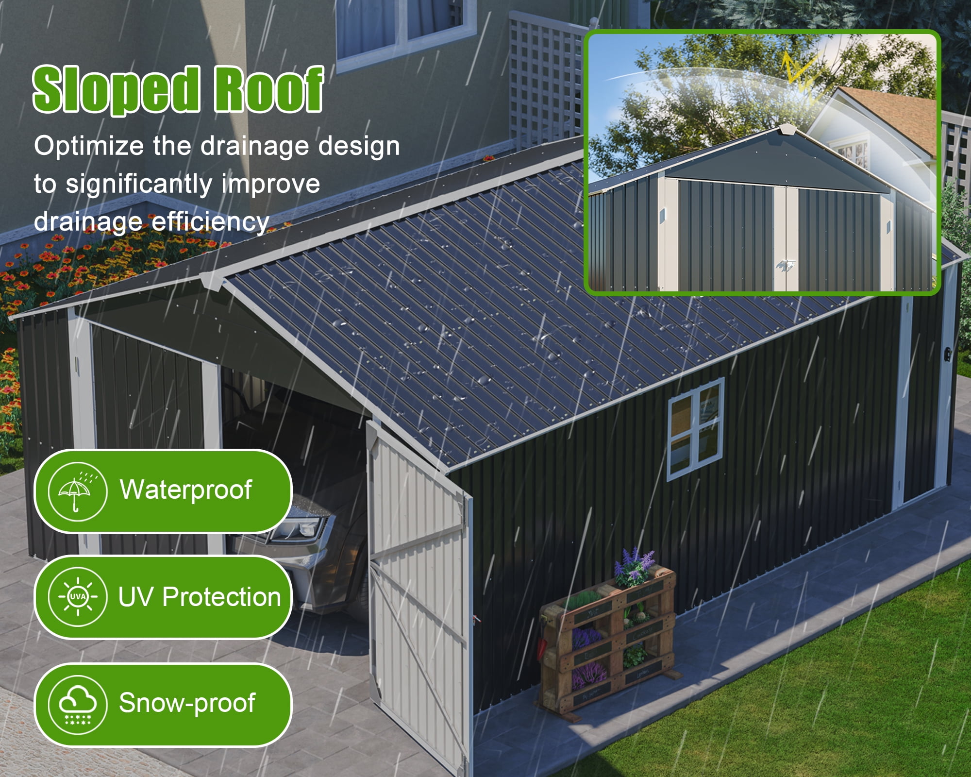 LZBEITEM 20x12 FT Outdoor Metal Garage Shed Extra Large Storage Shed 1810 CUFT Triple Door Storage Building Ultra-Reinforced Truss System with Windowsfor Car, Boat, Truck, Equipment Storage