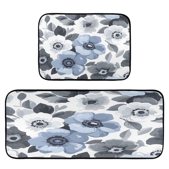 Elegant Monochromatic Florals 2-Piece Kitchen Carpet Mat Set, Non-Slip Memory Foam, Soft for Kitchen and Living Room Use