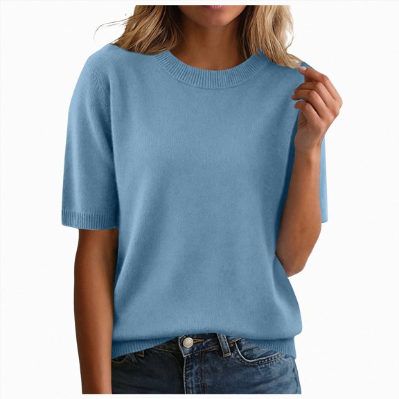 mgoYE Womens Short Sleeve Tops Summer T Shirts Round Neck Casual Fashion Basic Tee Women T Shirt(Light Blue,L)