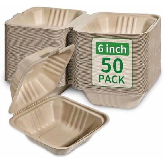 Compostable 50 Pack 6x6 Inch Disposable Square Small Lunch Box Takeout Containers with Lid To Go Take Out Clamshell for Food, Eco-Friendly Biodegradable Bagasse, PFAS-Free, Unbleached Brown
