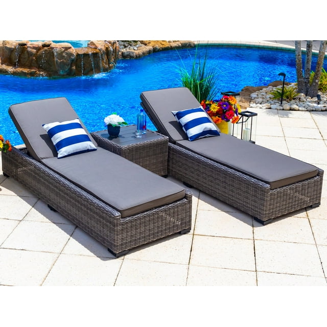 Tuscany 3-Piece Resin Wicker Outdoor Patio Furniture Chaise Lounge Set with Two Chaise Lounge Chairs and Side Table (Half-Round Gray Wicker, Sunbrella Canvas Charcoal)