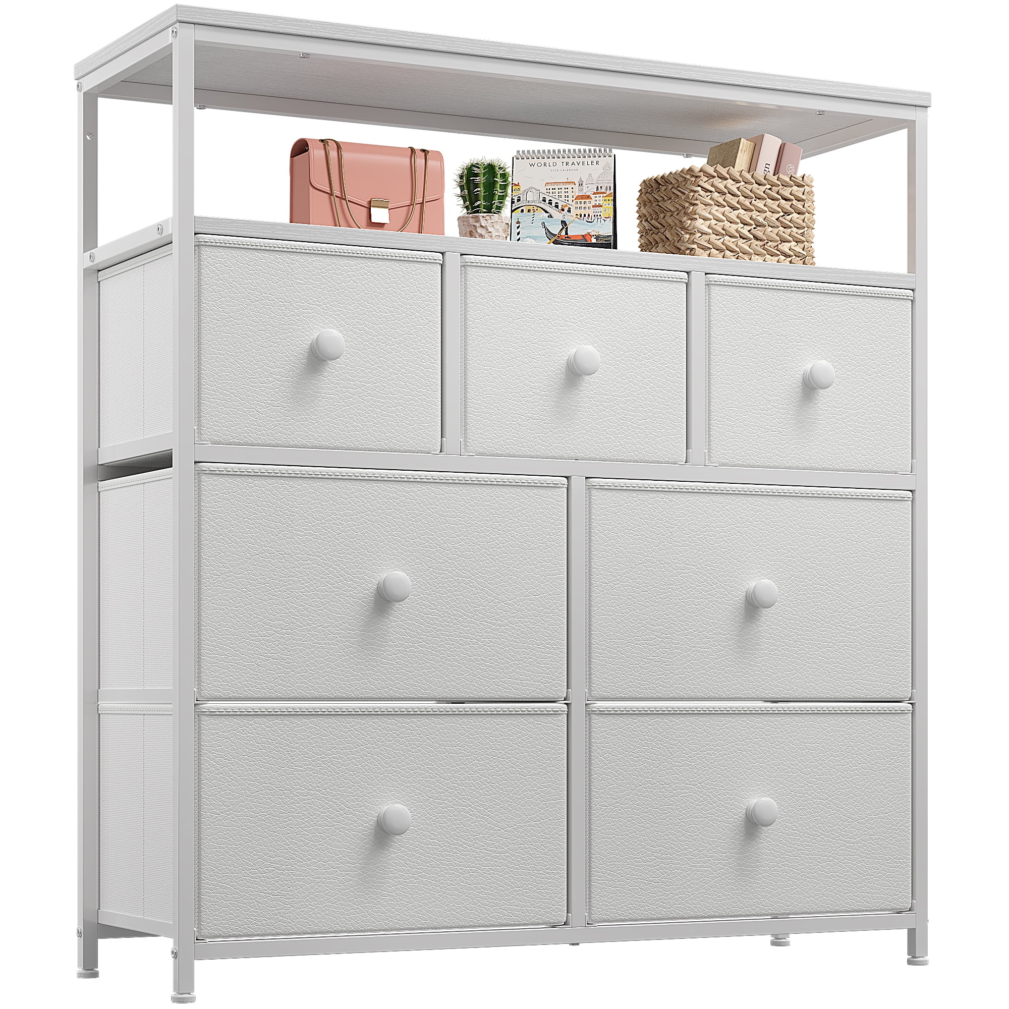 EnHomee White Dresser for Bedroom with 7 Drawers & 2 Shelves TV Stand