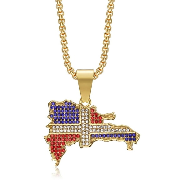 NEGS 18K Gold Plated Dominican Republic Flag Map Pendant 24'' Chain Punk Rock Stainless Steel Necklace for Men Women