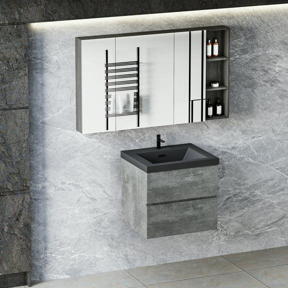 24” Floating Bathroom Vanity with Sink, Modern Wall-Mounted Bathroom Storage Vanity Cabinet with Black Quartz Sand Top Basin and Soft Close Drawers