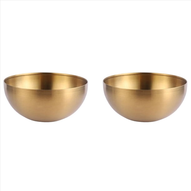 2X de Ensalada de Acero Inoxidable de Gran Capacidad Recipiente de Comida de Cocina Coreano Tazón de Ramen de Fideos de Arroz de Sopa, Dorado, 15X7 CM