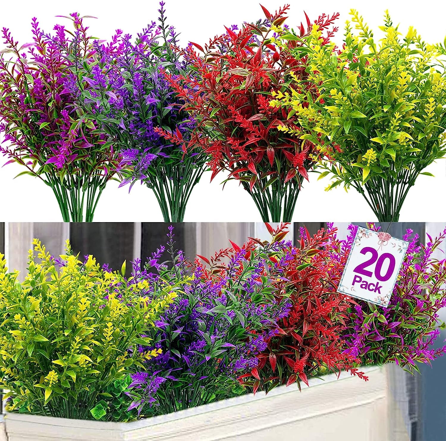20 Bundles Artificial Lavender Outdoor UV Resistant Flowers Plastic Fake Flowers Plants, Faux