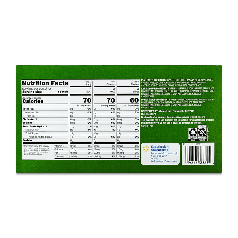 Great Value Fruits and Veggies Variety Pack Applesauce, 3.2 oz, 12