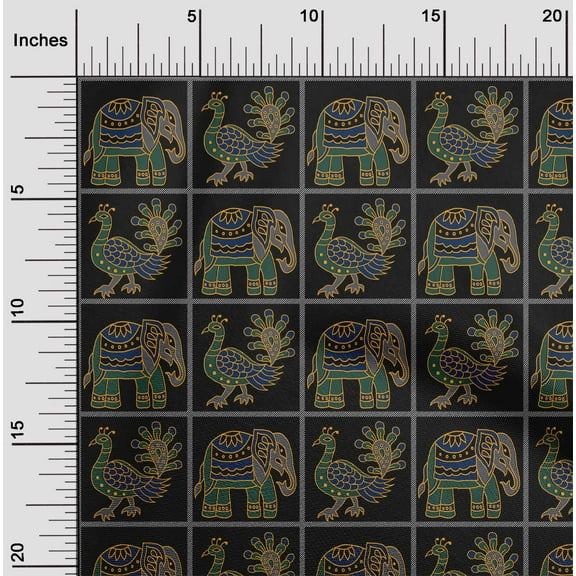 oneOone Cotton Jersey Black Fabric Peacock & Elephant Block Dress Material Fabric Print Fabric By The Yard 58 Inch Wide