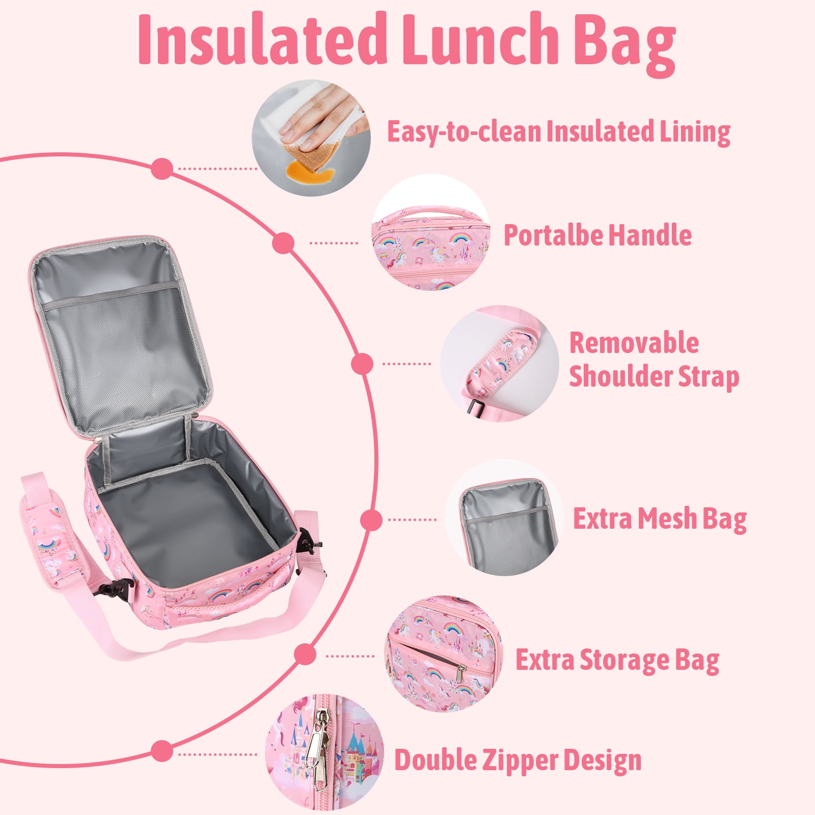 TeSabMi Bento Lunch Box for Kids Insulated Bento Box with Leak Proof Thermos Food Jar Pink Unicorn