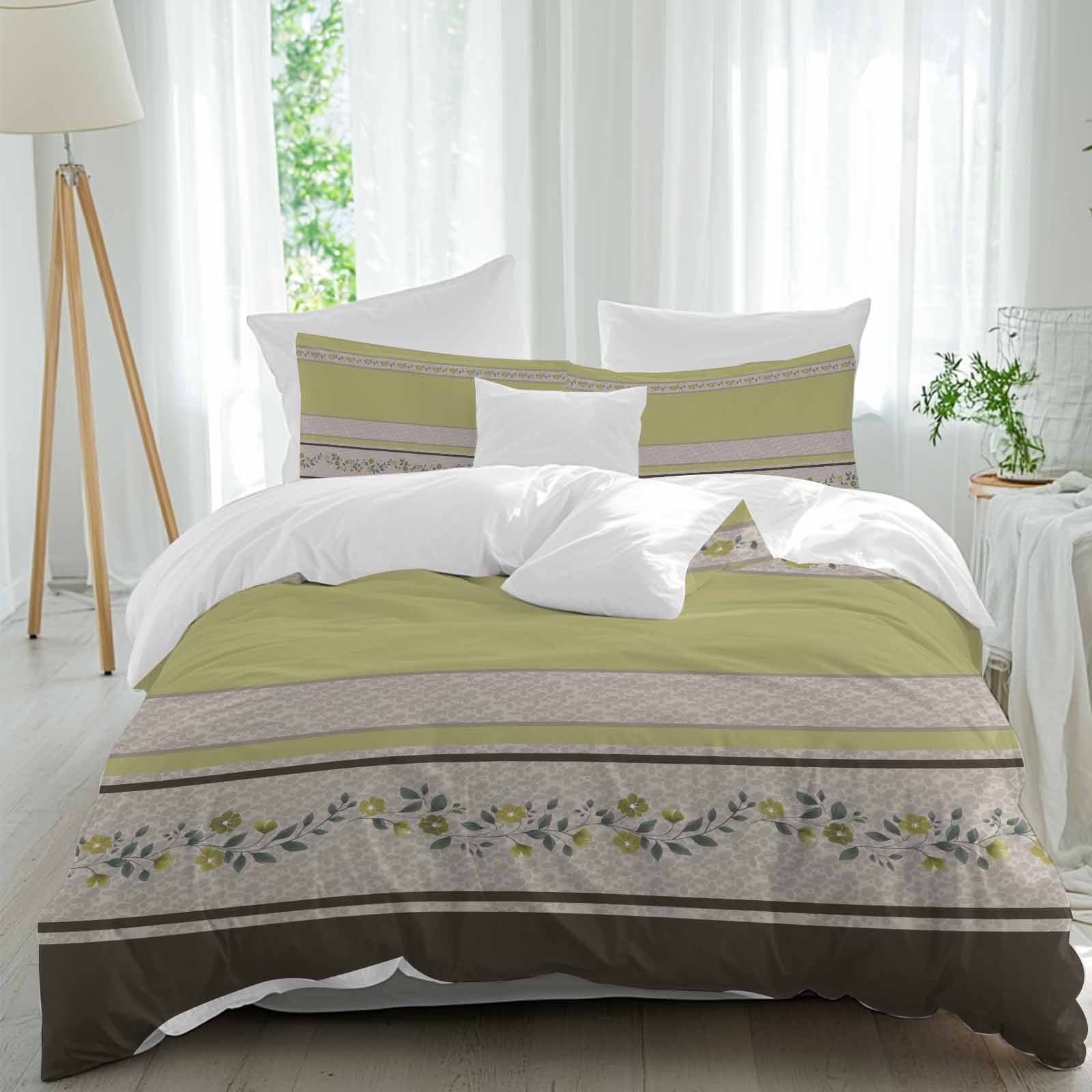 Sage Green Floral Bedding 3 Piece Duvet Cover Set California King, Modern Farmhouse Leaves Brown Striped Microfiber Comforter Cover with Zipper Closure & Pillowcases, FadeResistant Quilt Cover