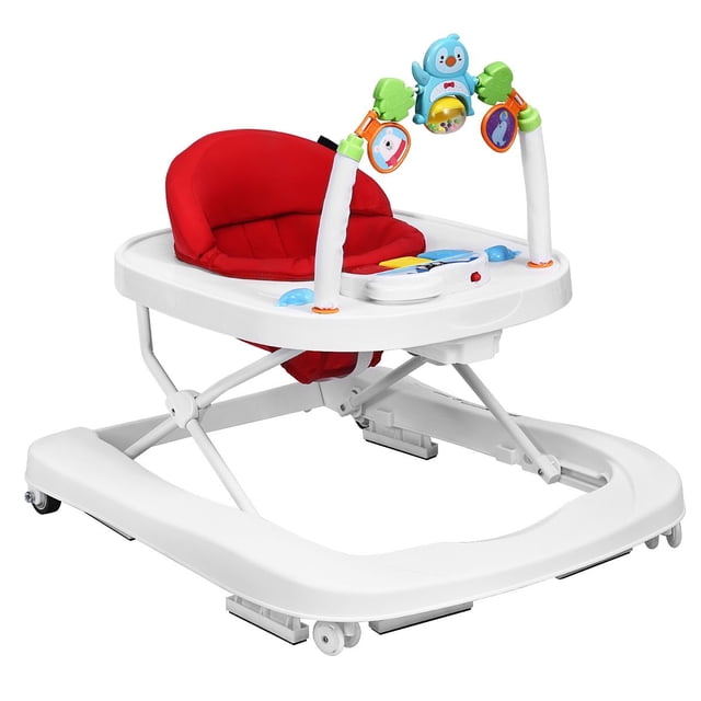 2 en 1 Andador para Bebé Altura Ajustable para Sentarse o Caminar con Asiento Colchado Bandeja Removible y Ruedas 75 x 60 x 70 cm Rojo