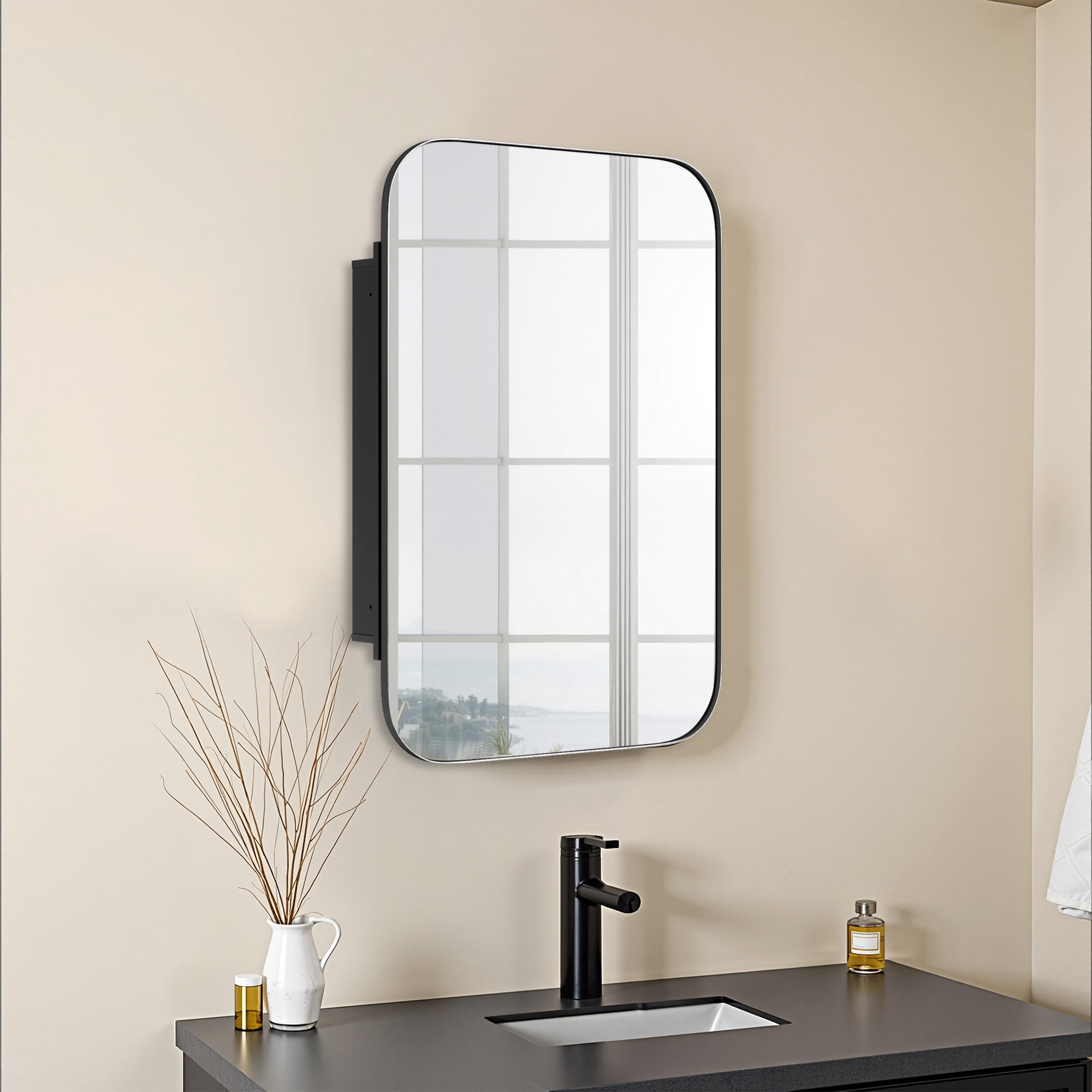 MAYEERTY 38"x24" Black Octagon Bathroom Asymmetrical Vanity Mirror for Wall