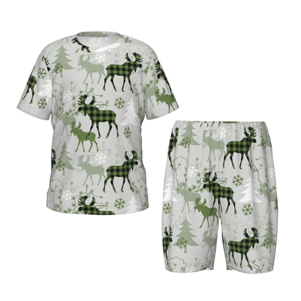 Balery green plaid Moose tree Conjunto de Pijama Infantil de Manga Corta con Estampado – Ropa de Dormir de Algodón Suave-X-Large