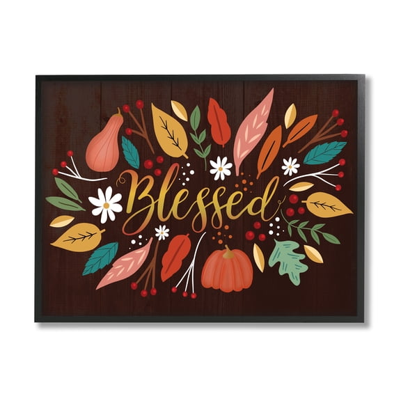 Stupell Industries Blessed Acknowledgement Whimsical Autumn Leaves and Gourds Graphic Art Black Framed Art Print Wall Art, 11x14, by Louise Allen