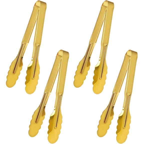 Premium 4 Pack Gold Plated Stainless Steel Serving Tongs, 9 inch Heavy Duty Reusable Kitchen Utensils for Buffet, Barbecue, Wedding Party