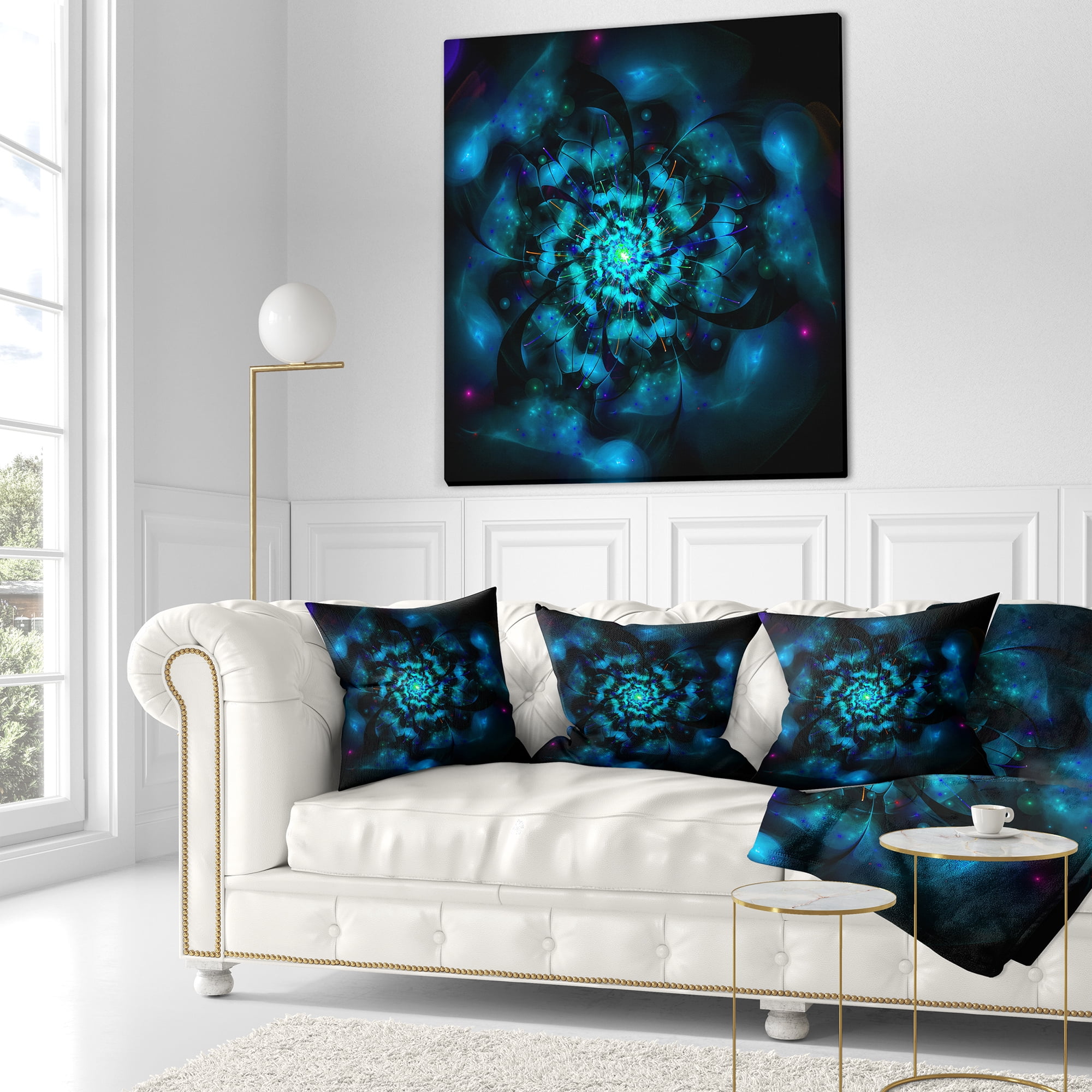 Designart Perfect Fractal Flower in Black and Blue - Floral Throw Pillow - 18x18