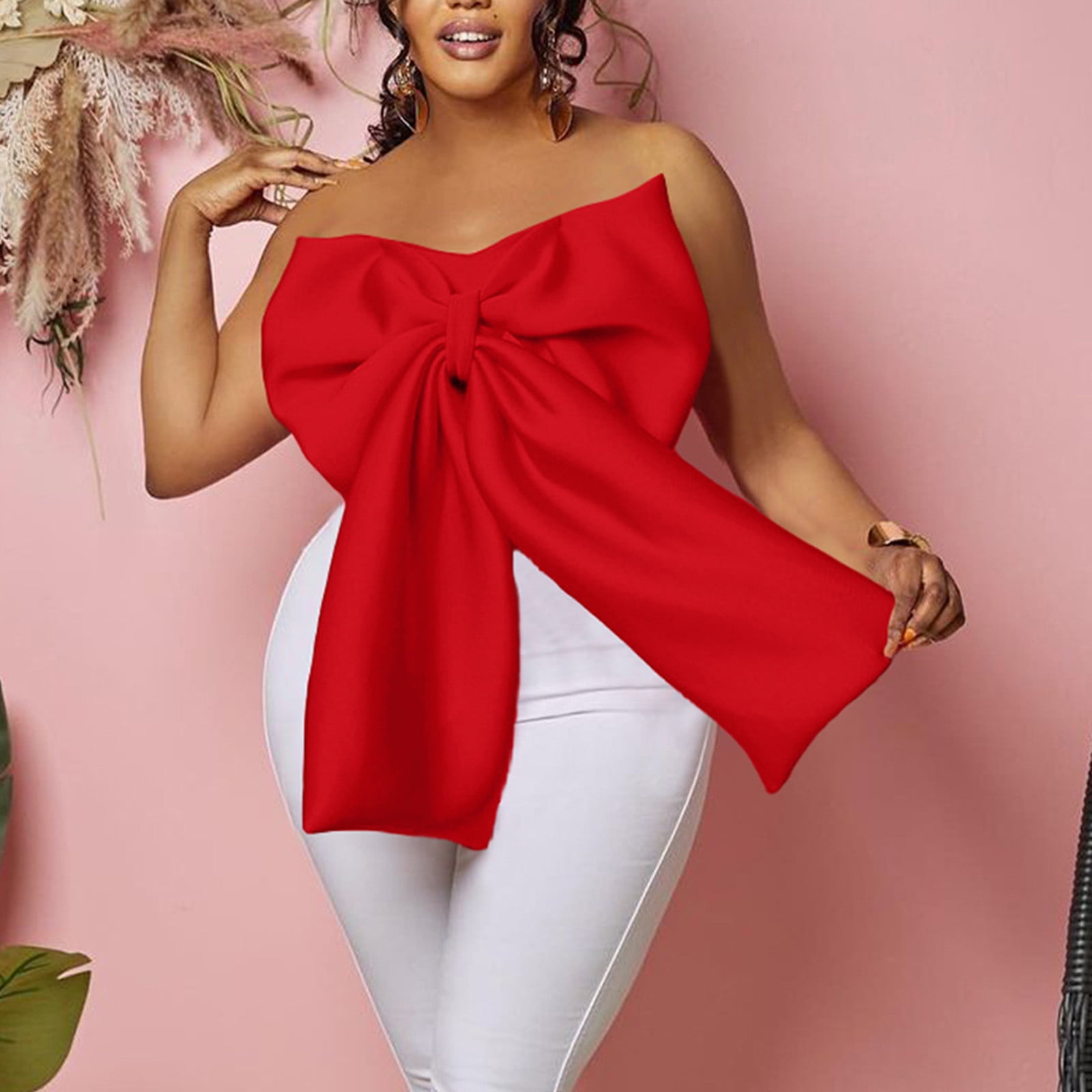 Women's Elegant Big Bow Tie Tube Tops Strapless Off Shoulder Sexy Backless Solid Tank Crop Shirts