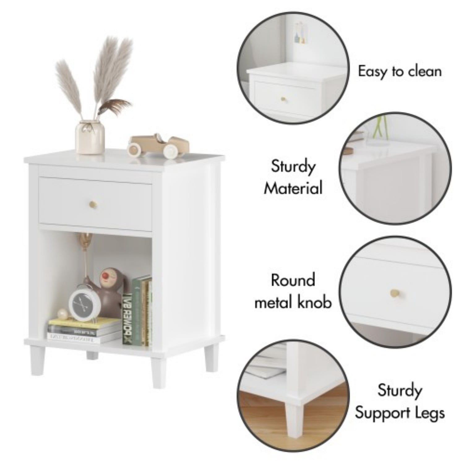 26.77" Wooden Nightstand with Drawer and Open Shelf, Modern Bedside Table for Kids & Adults, MDF End Table with Silver Handle, White