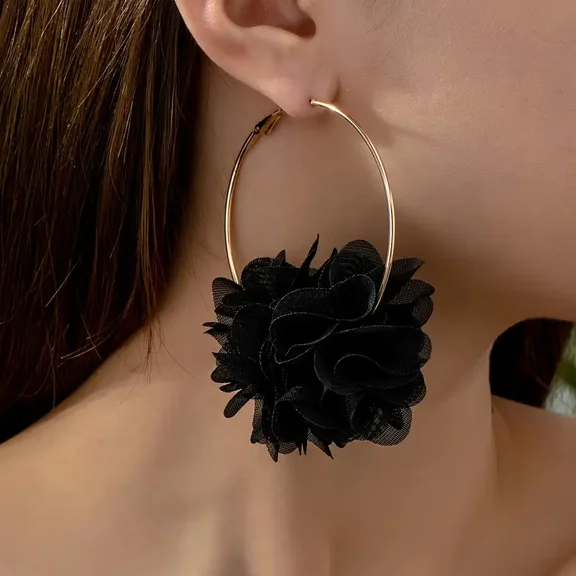Boho Elegant Black Floral Fabric Hoop Earrings Versatile and Quirky for Daily and Party Wear