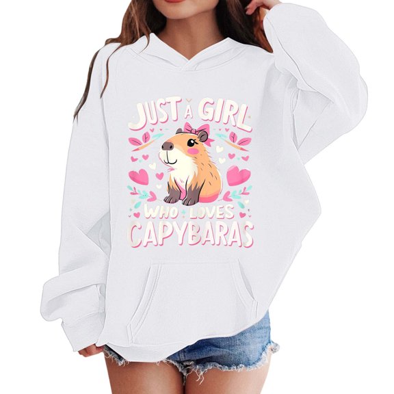 KHONTS Cartoon Printed Hoodies for Girls Cute Winter Fall Long Sleeve Hooded Sweatshirts Casual Loose Fit Warm Pullover Tops with Pocket,Size 4-14 Years