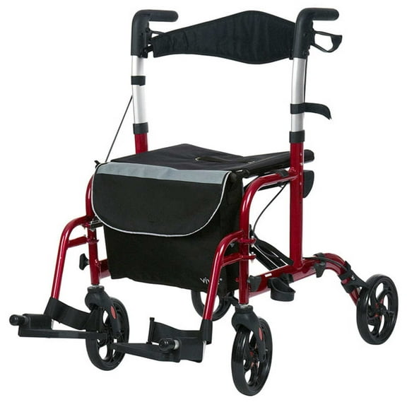 Vive Rollator Walker for Seniors with Seat - Walker and Wheelchair Combo, Lightweight Foldable Transport Chair, Red