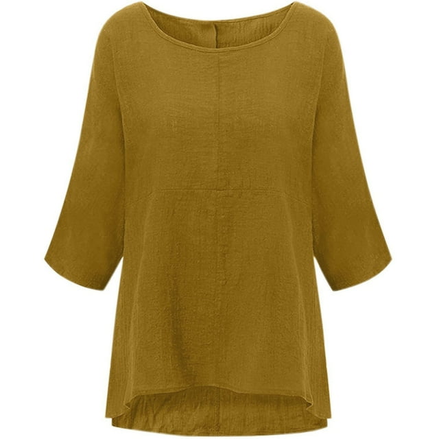KIHOUT Spring Winter Womens Tops Solid Color Round Neck Three Quarter Sleeve Cotton Tops Blouse T-shirt