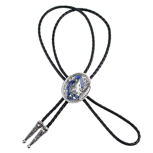 Exquisita de material cuero vintage con cabeza de plateada en relieve esmaltada azul Bolo Fernando Corbata Western Bolo