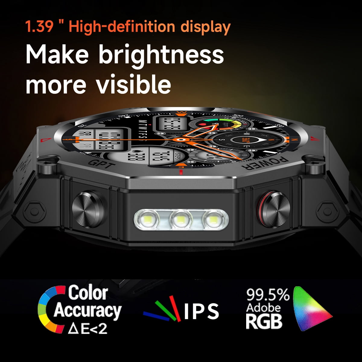 Rainbuvvy KC91 Smart Watch 1.39 Inch GPS 3ATM Waterproof Flashlight Message Notification for Android or iOS Sports Watch