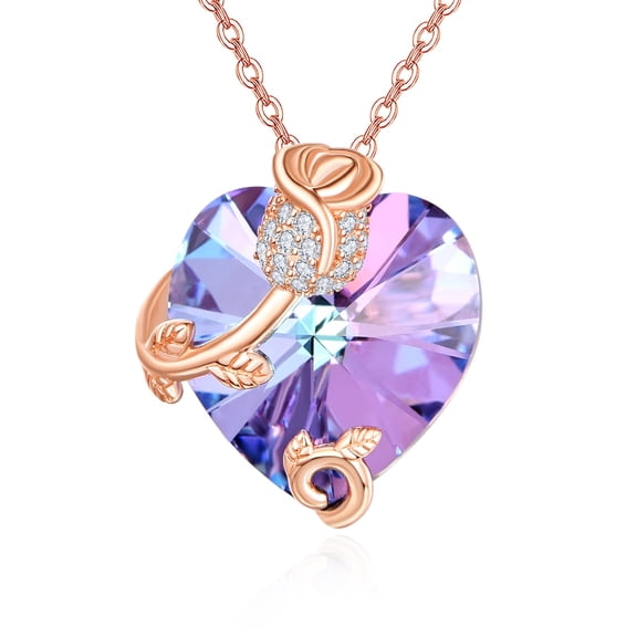 TANGPOET Rose Flower Necklace Sterling Silver Heart Crystal Necklace Rose Pendant Necklace Rose Jewelry Gifts for Women
