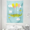 thumbnail image 1 of Gator Tapestry, Nursery Themed Graphic with Crocodile Flying with Balloons Birds and Clouds, Wall Hanging for Bedroom Living Room Dorm Decor, 60"W X 80"L, Pale Blue Multicolor, by Ambesonne, 1 of 2