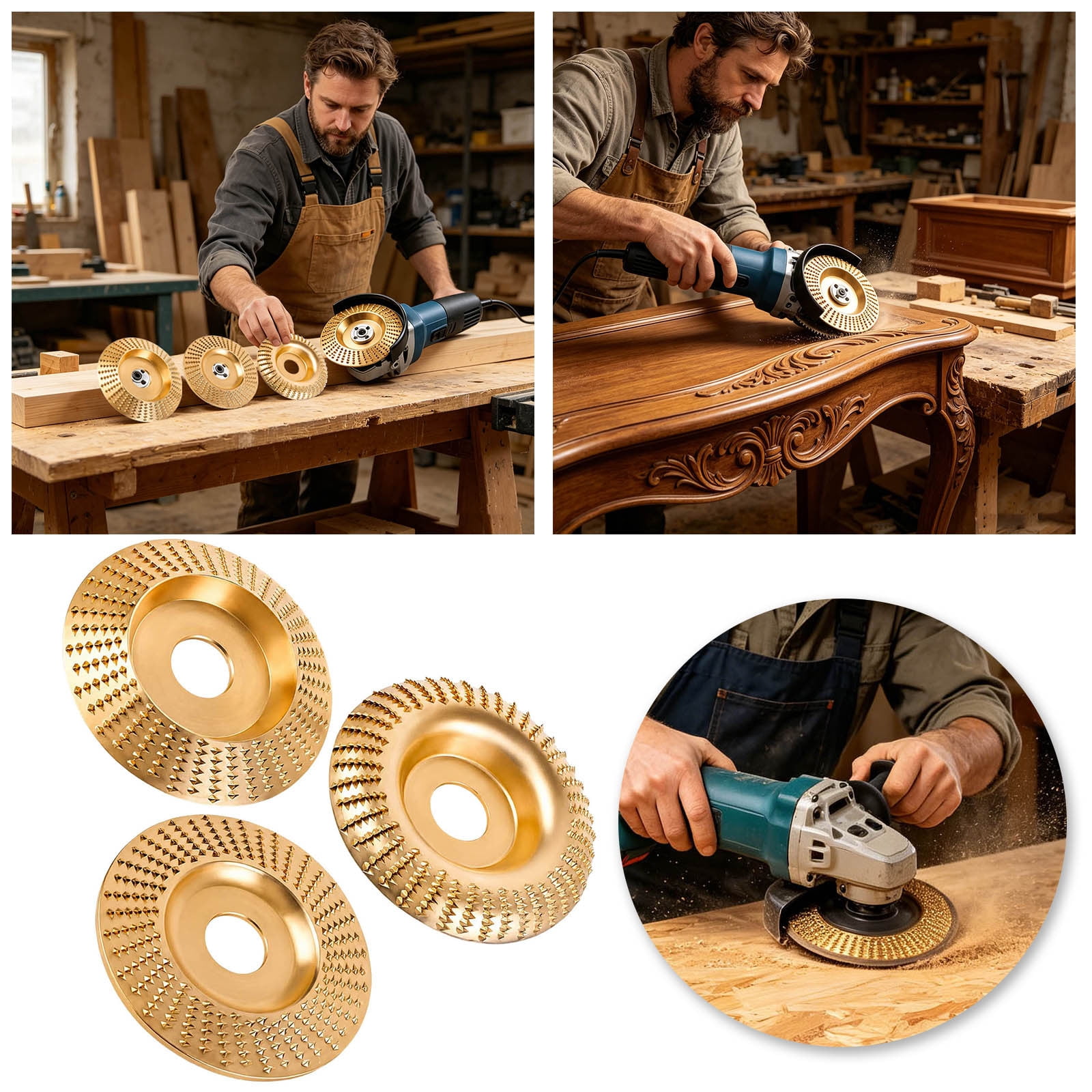 Gytml Tungsten Carbide Cutting Wheel For Angle Grinder 3Pcs 4 Wood Grinding Disc Standard Wood Carving Sanding Disc Accessory For Woodworking Polishing Trimming & Shaping(Gold-16Mm)