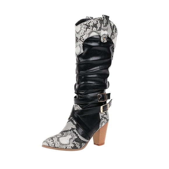 jsaierl Snake Print Color Block Belt Buckle Thick High-heeled Ladies High Boots