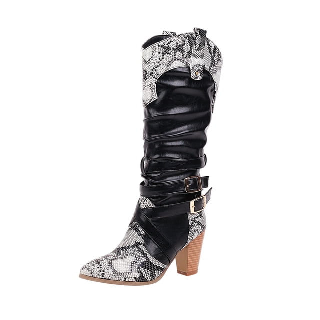 jsaierl Bottes Hautes pour Femmes à Talons Hauts Épais, à Imprimé Serpent, à Blocs de Couleur, avec Boucle de Ceinture