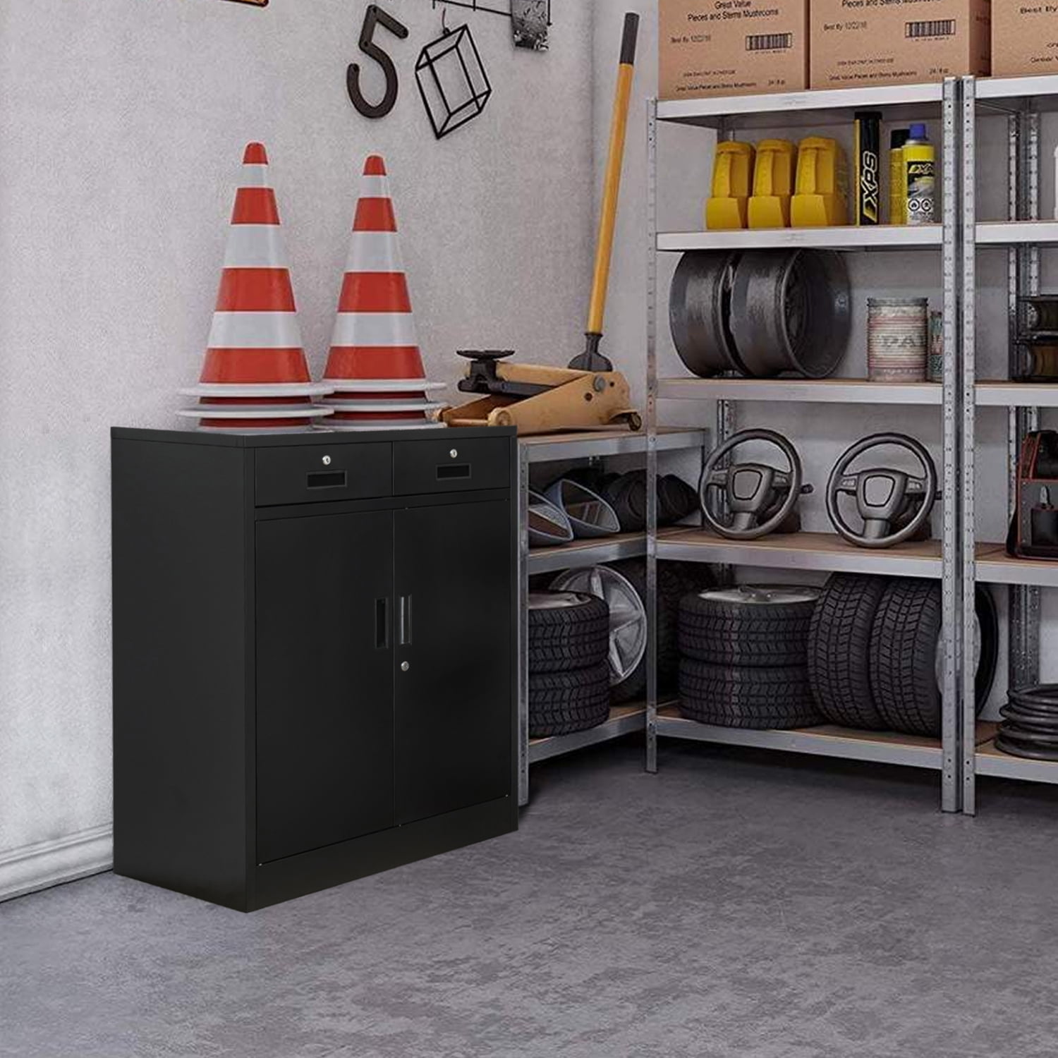 Metal Storage Cabinet with 2 drawers. Lockable Steel Storage Cabinet with Doors and Shelve, 37”H Office Cabinet for Home, Garage, Warehouse with large storage space. (Black)