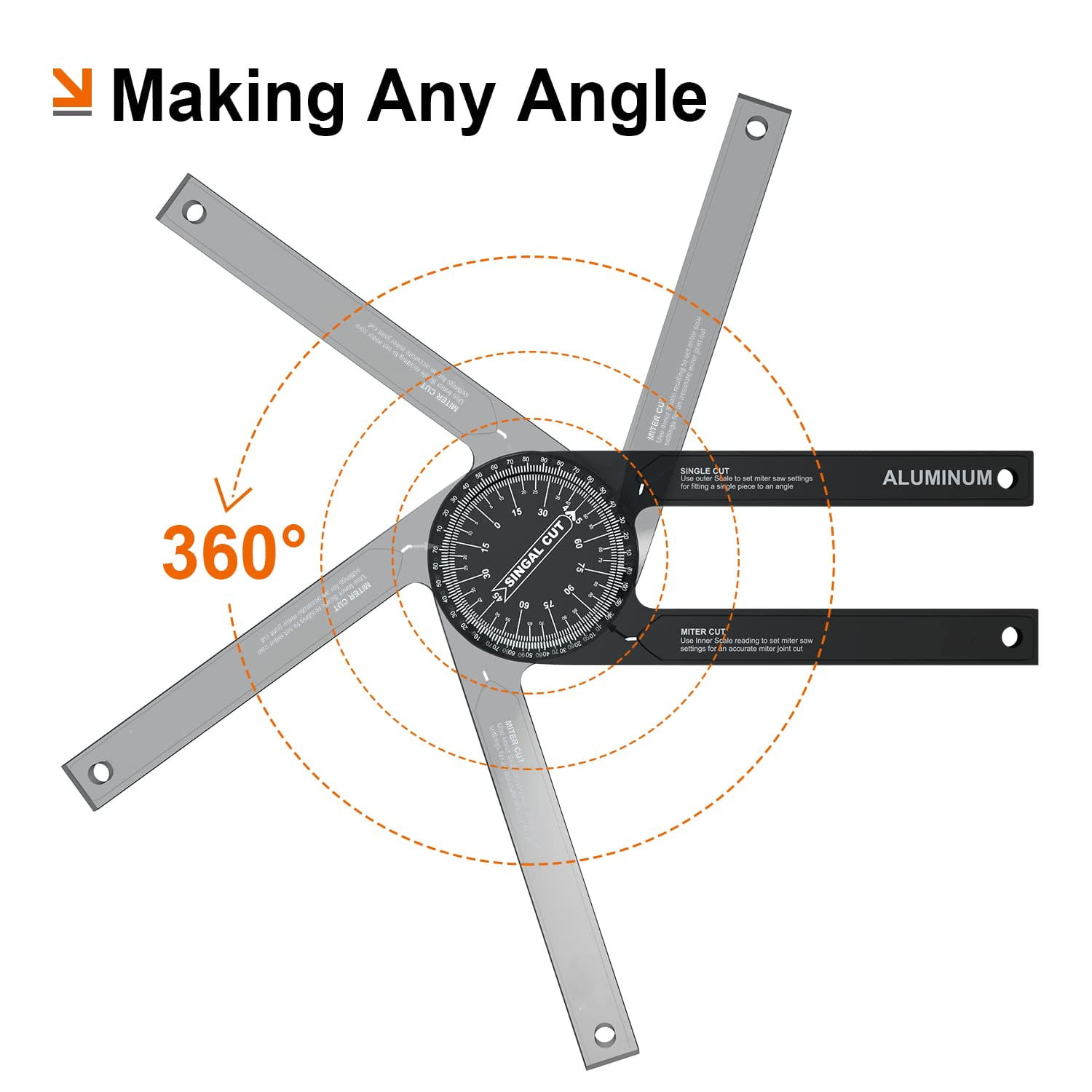 Aluminum Miter Saw Protractor, 7.3 Inch Angle Finder Featuring Precision Laser Engraved Scales Woodworking Lightning Measure Tool with 360 Degree Rotation Function for Carpenters
