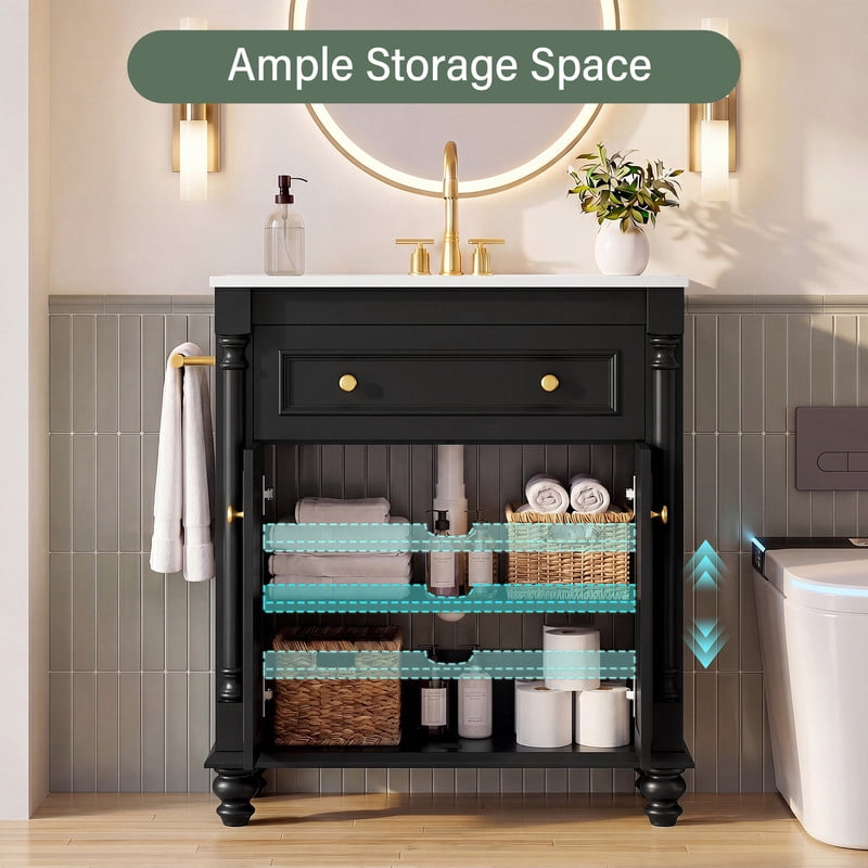Lacoo 30'' Freestanding Bathroom Vanity with Integrated Ceramic Sink, Traditional Bathroom Storage Cabinet with Flip Drawer, Double Doors & Side Towel Bar, Black