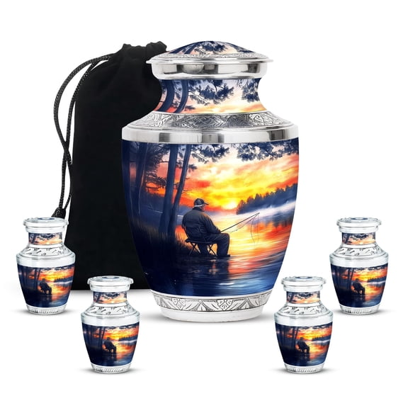 Fishing Adult Cremation Urn for Human Ashes, Keepsake Memorial Gift, Handcrafted Small Urns for Ash Container, Combo, Grey (10 Inch & 3 Inch Mini Set of 3)