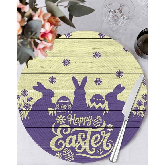 13 Inch Round Placemats Set of 4, Happy Easter Rabbits Non Slip Heat Insulation PP Table Mats, Spring Daisy Purple Silhouette Wooden Grain Washable Place Mats for Kitchen Dining Party Table Decor