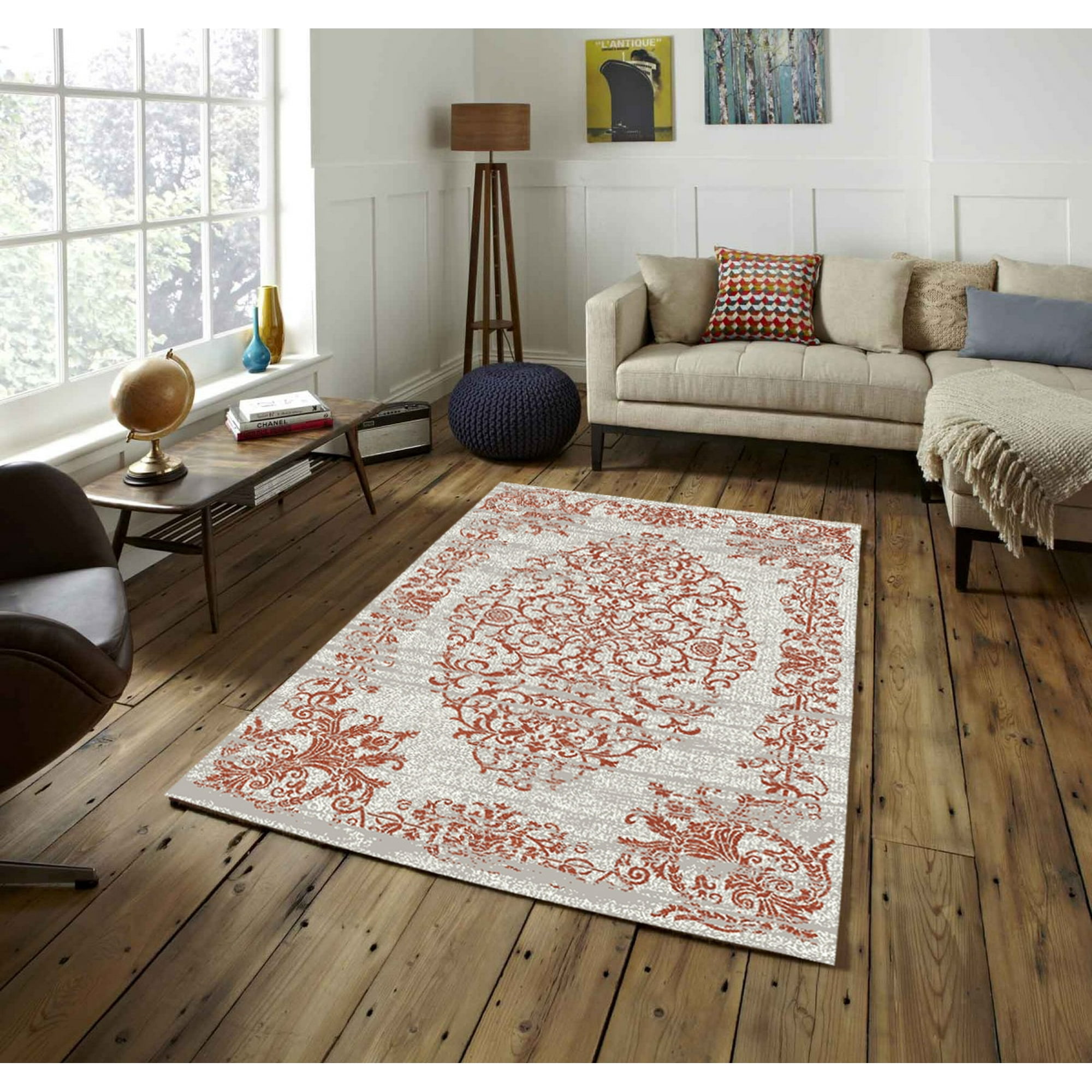 Oriental Pattern Area Rugs for Living Room Pierre Cardin Collection,  (Bedroom, Kitchen, Kids Room), Gloss, Soft, Easy Clean and Fade Resistant,  Beige,Orange 3x7 (3'3 x 6'9) 