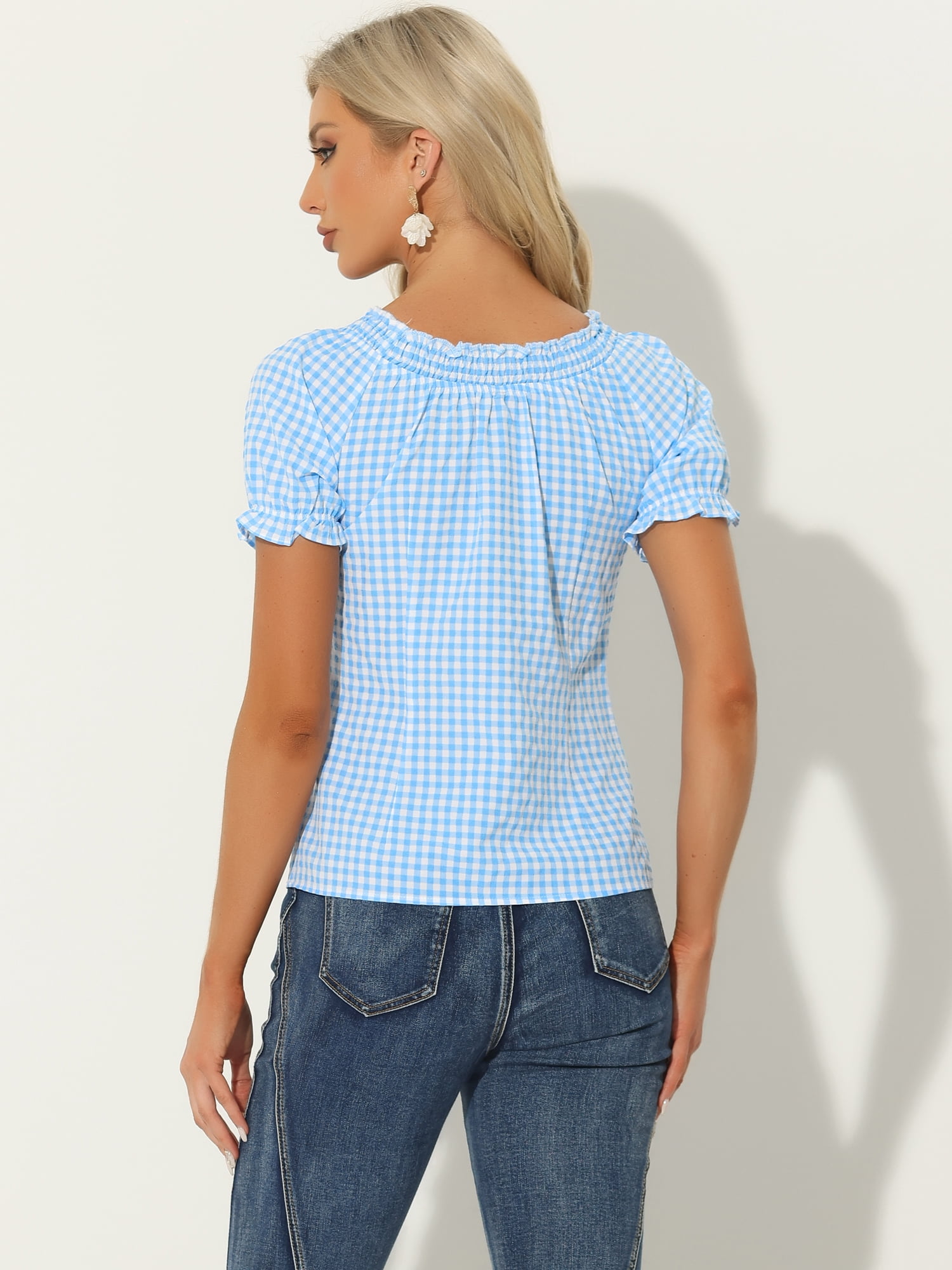 DARING DIVA Woman's Peasant Ruffles Puff Sleeve Gingham Plaid Top L Blue