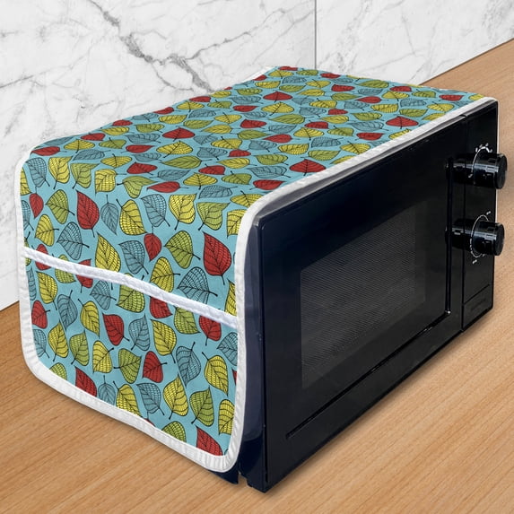 Nature Microwave Oven Cover, Colorful Hand Drawn Falling Leaves Blue Background Autumn Forest Trees Theme Art, Water Resistant Organizer with Pockets for Kitchen, 36" x 12", Multicolor, by Ambesonne