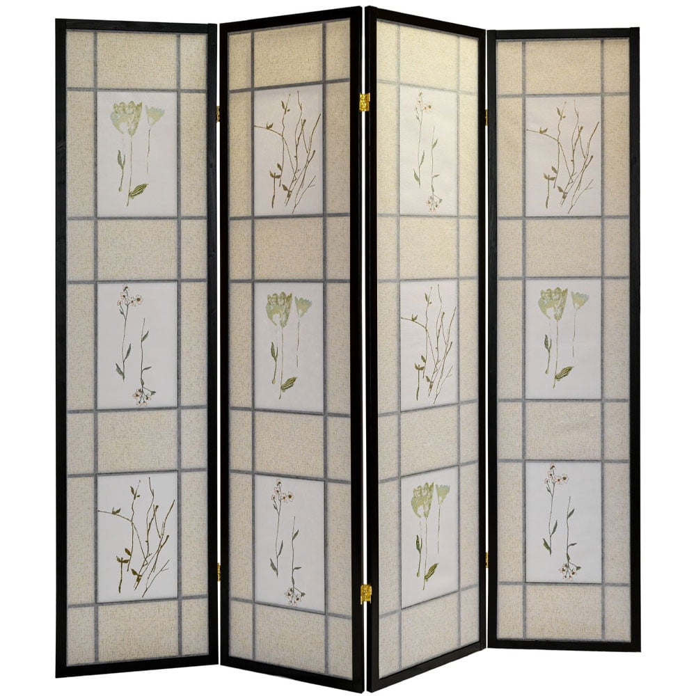 Legacy Decor Floral Accented 4 Panel Room Divider, 71" Tall, Black