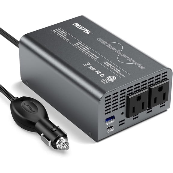 BESTEK 400W Pure Sine Wave Car Power Inverter, 12V DC to 110V AC Converter with Dual AC Outlets, 30W USB-C & 18W QC Charger