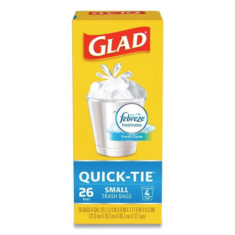 Glad OdorShield Quick-Tie Small Trash Bags - Odor Control, Fresh Clean Scent - 156 Count, 4 Gal, White