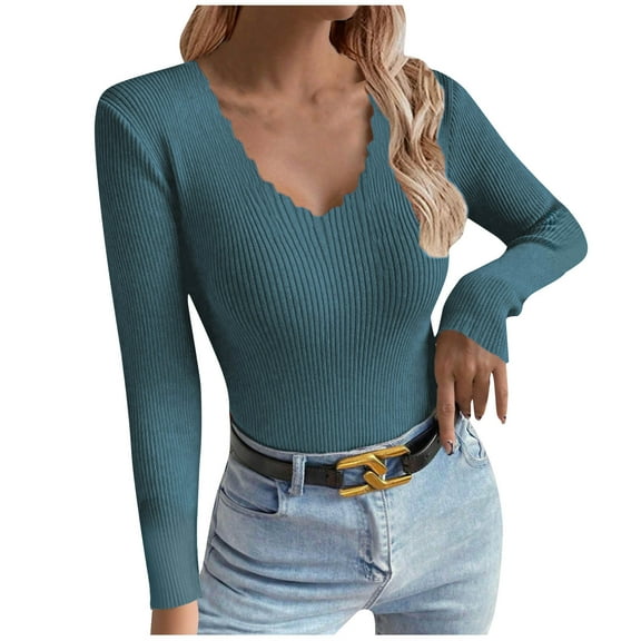 Womens Sweaters Wave V Neck Sweater Wool Blend Classic Clothes Cozy Lightweight Pullover Long Sleeve Basic Classic-Fit Sexy Outfits Trendy Fashion Clothing