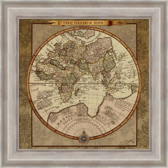 Great Art Now Damask World Map II by Elizabeth Medley, Framed Wall Art, 20W x 20H